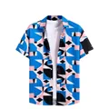 Loose men's Hawaiian short sleeve shirt featuring blue and pink geometric digital print - 3XL / Tops / Blue Pink Geometric (ESV-03EQUZO)
