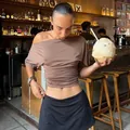 Detail view of brown off-the-shoulder ruched slim fit summer T-shirt for women - S / Tops / Coffee
