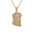 Detailed view of gold plated iced out Jesus head pendant necklace for men's jewelry. - Jesus Head with Rope Chain / Gold