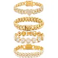 Set of gold-tone Cuban link bracelets with heart and crystal accents for women. - Gold Heart Cuban Set