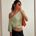 Stylish one-shoulder light green slim fit t-shirt for women summer fashion outfit - S / Tops / Matcha Green
