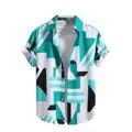 Chemise hawaïenne ample à manches courtes avec imprimé géométrique 3D bleu et noir. - 3XL / Géométrie Cyan Noire (ESV-NHQW1IL)