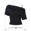 Elegantes schwarzes schulterfreies, gerafftes, schmal geschnittenes Damen-T-Shirt - S / Schwarz