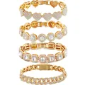 Set of 4 elegant gold plated bracelets with crystal heart, round, square, and Cuban links. - Gold White Stone Set