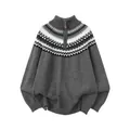 Vintage gray Fair Isle knit sweater with retro jacquard pattern and quarter zip - M / Gray