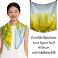 Elegant 65x65cm 100% mulberry silk square scarf with yellow rapeseed flower print - Spring Pastoral