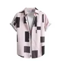 Loose fit pink Hawaiian short sleeve shirt featuring creative black geometric stripes - 3XL / Tops / Pink Black Geometric (ESV-MBZG5E4)