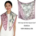 Elegant 100% mulberry silk square scarf with floral print pattern in 65x65cm size - Ginkgo Flowers