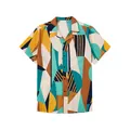 Short-sleeve Hawaiian shirt with colorful geometric 3D digital print and loose fit - 3XL / Tops / Teal Colorblock (ESV-J8WC8GE)
