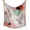 Elegant 65cm silk square scarf with pink floral and geometric block pattern design - Geometric Camellia