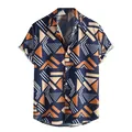 Loose short sleeve Hawaiian shirt with 3D navy blue geometric digital print pattern - 3XL / Tops / Navy Blue Geometric (ESV-Z6ECEXZ)