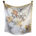 Elegant mulberry silk square scarf with yellow and orange floral print on cream background. - Golden Brown Magnolia