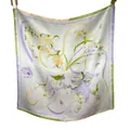 Elegant 65cm floral print silk square scarf with purple lilac and butterfly design - Garden Butterfly