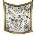 Vintage bird and floral print mulberry silk square scarf with elegant yellow borders - Line Art Flower Bird