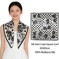 Elegant black and white rose polka dot print 100% mulberry silk square scarf for women - Polka Dot Camellia