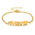 Detail view of gold stainless steel Figaro chain anklet featuring a Scorpio letter charm. - Scorpio / Gold