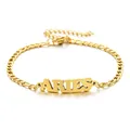 Detail view of 18K gold Aries zodiac pendant on a stainless steel Figaro anklet chain. - Aries / Gold