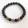 Minimalist matte black beaded stretch bracelet with brown wood-grain beads and silver orb. - Matte Black Beads Silver Ball Style (BJEW-SW001577-02)