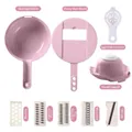 Multi-functional vegetable slicer and shredder set with storage basin and blades. - Standard 9-Piece Set (With Hand Guard) / Pink