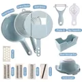 Multifunctional vegetable cutter set with various grater and slicer blades in light blue - Standard 12-Piece Set (With Hand Guard + Drain Basket) / Blue