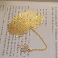 Elegant golden brass ginkgo leaf bookmark with hollow veins and maple leaf pendant - Lotus Leaf