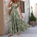 Abito lungo stile bohémien con scollo a V e maniche corte con stampa damascata verde - S / Verde