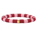 Red and pink striped clay bead stretch bracelet with a minimalist gold bead. - Dark Pink Striped Heishi Beads Style (BJEW-SW00114-04)