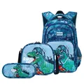 Blue dinosaur themed 3-piece backpack set including lunch bag and pencil case for school - Dinosaur Three Piece Set