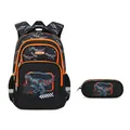 Black and orange elementary school backpack set with robotic dinosaur graphic print - Mechanical Dinosaur + Pencil Case