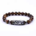 Handmade tiger's eye stone beaded stretch bracelet with vintage silver filigree tube - Tiger Eye Vintage Hollow Long Tube Style (YW9110-3)
