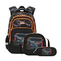 Black and orange 3-piece school backpack set with robotic Carnotaurus design - Mechanical Dinosaur 3-Piece Set