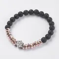 Black lava stone stretch bracelet with copper faceted beads and silver helm charm - Volcanic Stone Helm Pendant Style (BJEW-I241-18B)