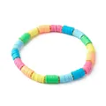 Handmade colorful rainbow heishi clay bead stretch bracelet with golden spacer beads - Rainbow Color Heishi Beads Style (BJEW-JB06347)
