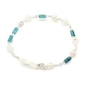 Minimalist stretchy beaded bracelet featuring imitation pearls and teal cylinder stone beads - Cyan Cracked Beads Smiley Face Style (BJEW-M315-05P)