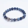 Blue dragon vein agate style beaded bracelet with silver owl charm and spacers. - Dragon Vein Agate Owl Pendant Style (X-BJEW-P072-K01)