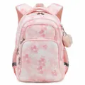 Pink school backpack with cherry blossom pattern and plush pendant accessory - Pink Cherry Blossom
