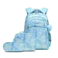 Light blue three-piece school backpack set with feather print and furry pompom keychain - Blue Heart 3-Piece Set