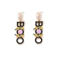 Detailed view of Halloween BOO dangle earrings with spider motif and pearl studs - Colorful