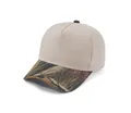 Structured five-panel cotton baseball cap with beige crown and camo patterned brim. - Adult 58cm / Beige/Leaf Camo