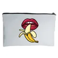 White linen canvas makeup bag featuring a sexy red lips and banana pop art graphic print - Banana Lips Style (6)