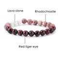 Detalle de pulsera de piedra natural con cuentas de lava, rodocrosita y ojo de tigre rojo - Ojo de Tigre Rojo + Piedra de Lava Blanca + Rodocrosita