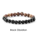 Vista detallada de la pulsera elástica de cuentas de obsidiana y madera. - Madera + Obsidiana Negra