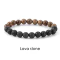 Close-up detail of handmade natural black lava stone and brown wood bead bracelet - Wood + Lava Stone