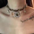 Brown leather choker necklace with sun and star charms in Y2K aesthetic style for women. - Sun Star Necklace