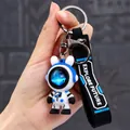 Cute white astronaut bear keychain with blue galaxy face and black Explore Future strap - Blue Space Rabbit (XM)