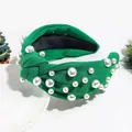 Festive green knotted Christmas headband decorated with elegant white pearls for women - Green Pearls
