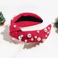 Red wide knotted headband decorated with white pearls for Christmas festive hair accessory. - Red Pearl (Retro Oval)