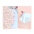 Detail view of pink laser cut wedding invitation with floral insert and RSVP card - Thick Style / Light Pink