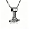 Vintage Thor's Hammer pendant necklace for men in stainless steel with box chain - Viking Axe Kolovrat Style (Stainless Steel Chain)