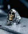 Gothic stainless steel grim reaper skull ring with gold finish details and punk rock style. - US 7 / Gold & Silver